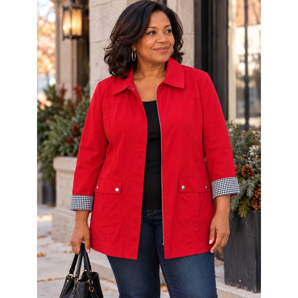 Ming Wang Jackets & Blazers - Ming Wang Red Full Zip Up Utility Jacket Gingham Trim Cuff Pockets Large *Flawed